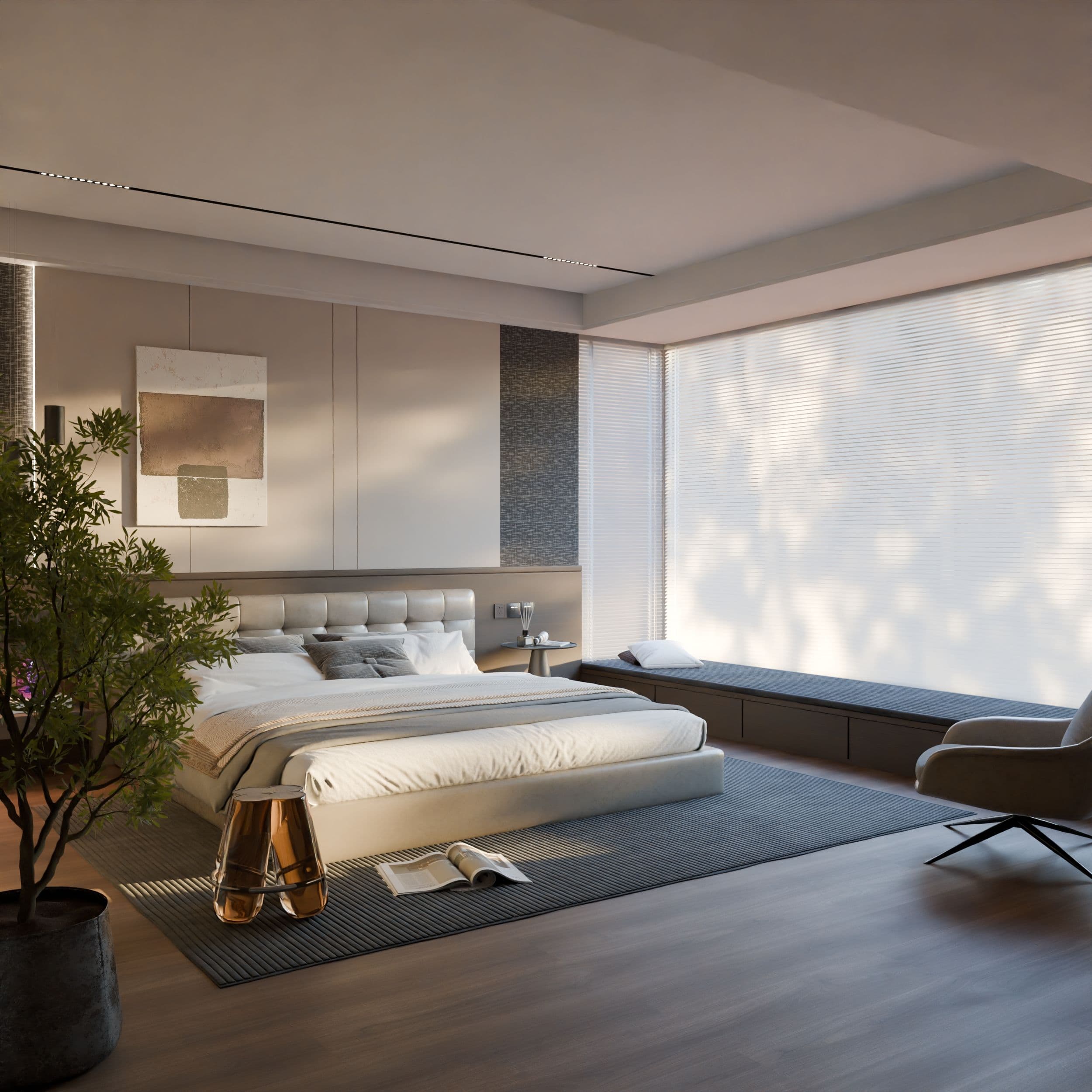 Luxury master bedroom interior design with timber accent wall, rattan pendant light and upholstered headboard — The Indoor Revamp, Hyderabad